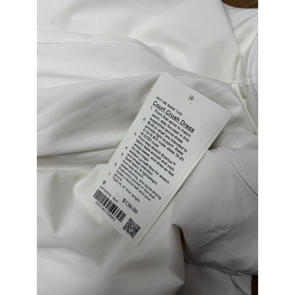 NWT Lululemon Court Crush White Tennis Dress with Built-In Shorts Sz 6 Racerback